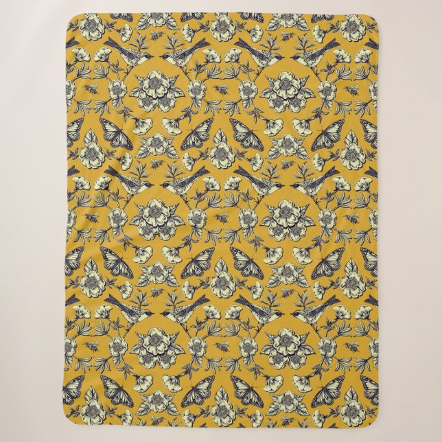 Couverture Sherpa Moutarde Jaune et Oiseaux de la Marine, Papillons  (Devant)