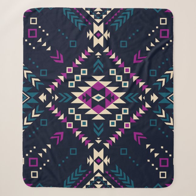 Couverture Sherpa Navajo tribal foncé, géométrique vintage. (Devant)