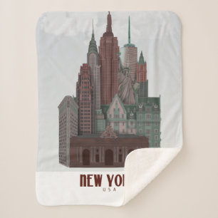 Couverture Sherpa New York en nuages - rouge foncé et verts