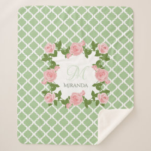 Couverture Sherpa Nile Green Quatrefoil Rose Pink Monogram Avec Nom