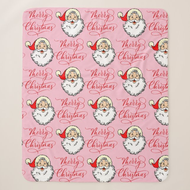 Couverture Sherpa Noël Vintage Santa Claus Pink Fleece Blanche (Devant)