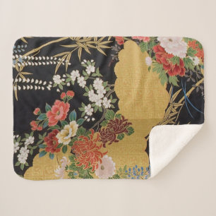 Couverture Sherpa Noir et or traditionnel japonais Kimono floral
