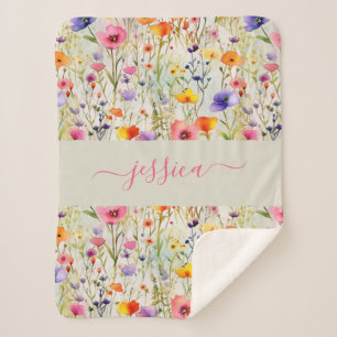 Couverture Sherpa Nom de script aquarelle de fleurs sauvages colorée