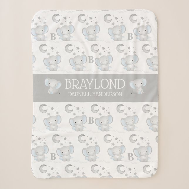 Couverture Sherpa Nom du bébé éléphant bleu et gris (Devant)