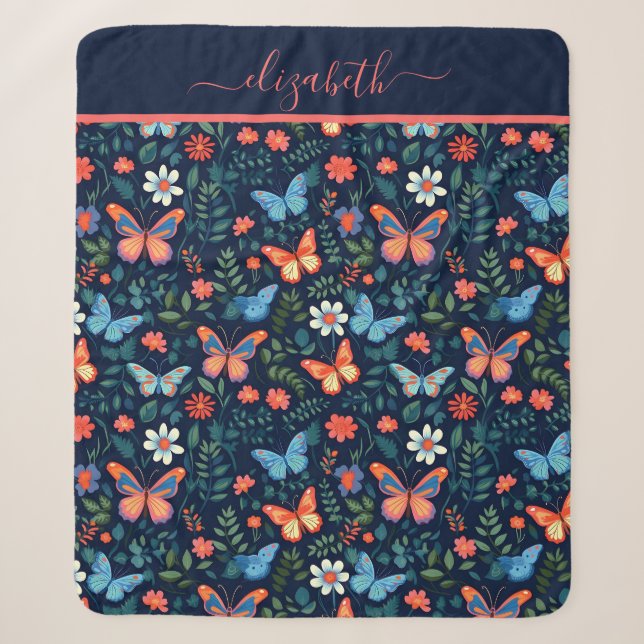 Couverture Sherpa Nom du monogramme Papillon bleu rose marine (Devant)