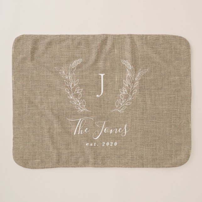 Couverture Sherpa Nom monogramme de famille burlap rustique personna (Devant (Horizontal))