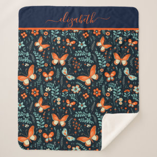 Couverture Sherpa Nom Monogramme Papillon Floral Bleu Marine Orange