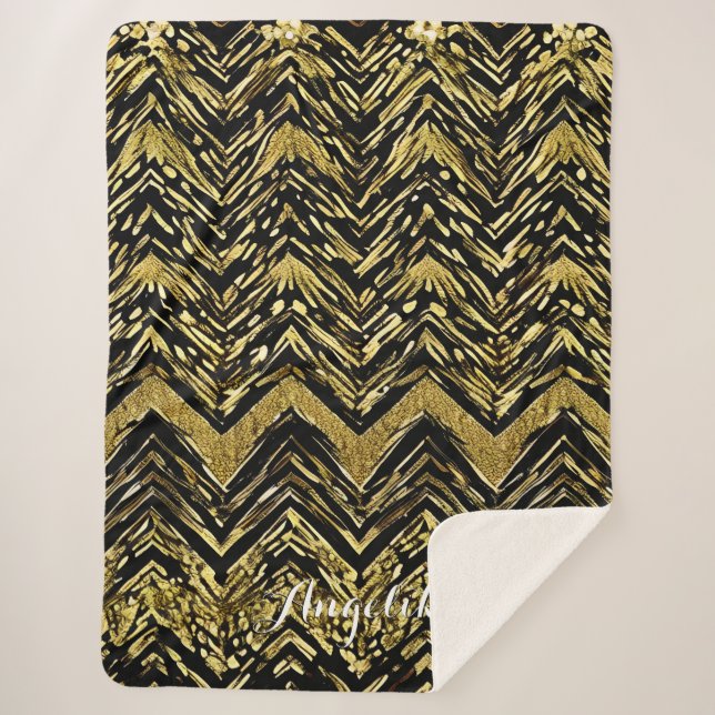 Couverture Sherpa Nom personnalisé Abstrait Chevron Gold et Black (Devant)