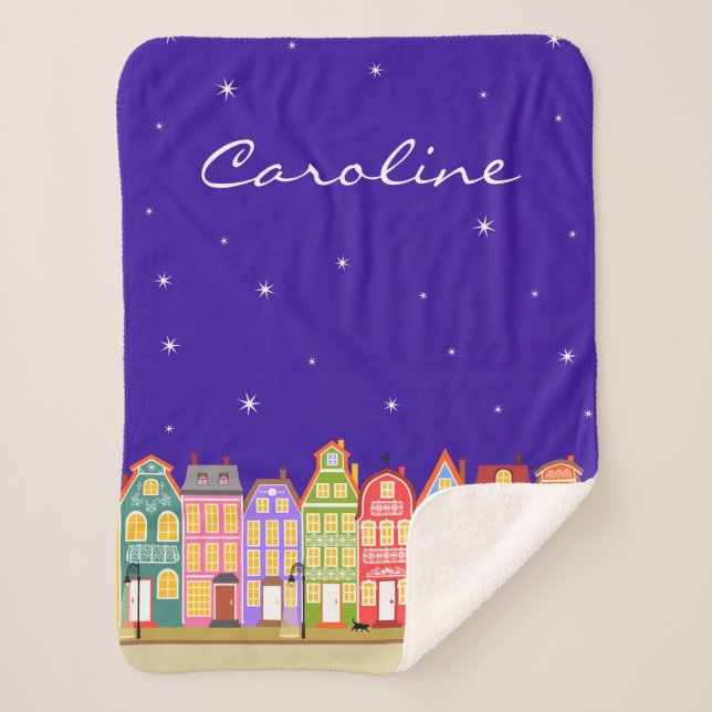 Couverture Sherpa Nom personnalisé Cute Cartoon Nuit Ville Sherpa Bl (Devant)