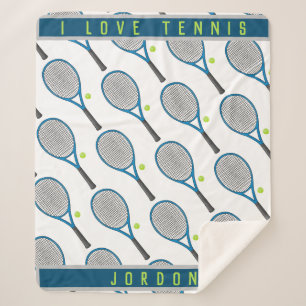 Couverture Sherpa Nom personnalisé J'aime le tennis raquette et ball