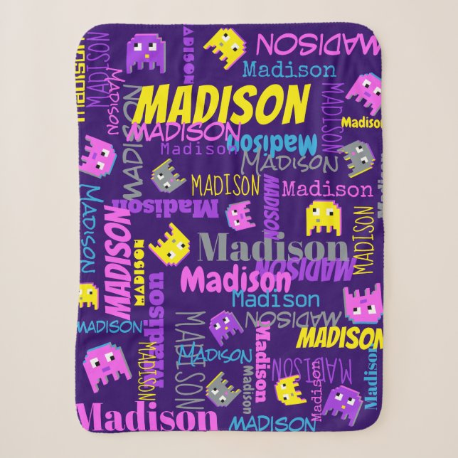 Couverture Sherpa Nom personnalisé pixel jeu rose violet jaune fille (Devant)