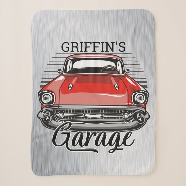 Couverture Sherpa NOM personnalisé Retro Red Classic Car Garage (Devant)