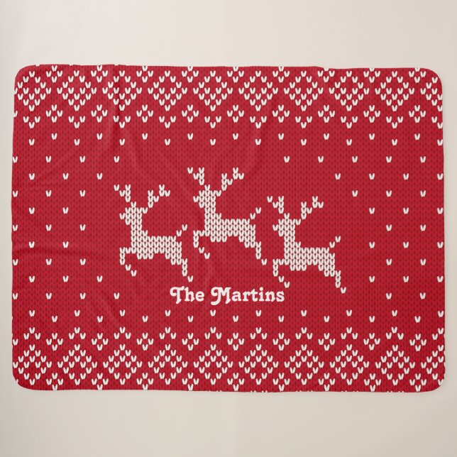 Couverture Sherpa Nordic Christmas Reindeer Rouge & Blanc Personnali (Devant (Horizontal))