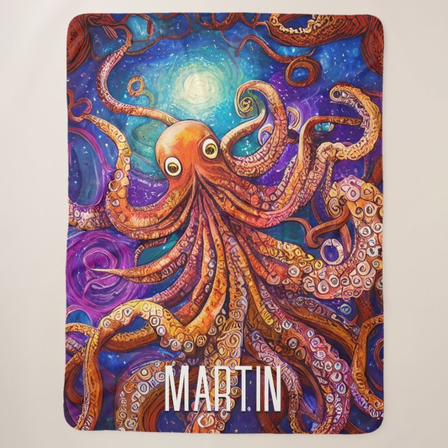 Couverture Sherpa Octopus orange | Pleine lune avec nom personnalisé (Devant)