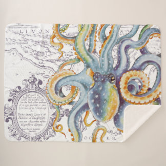 Couverture Sherpa Octopus Tentacles Acier Bleu Vintage Carte Chic