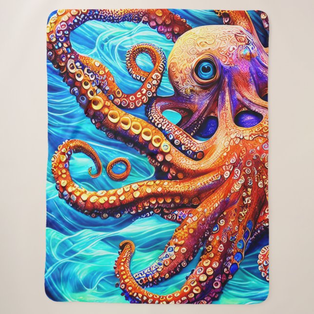 Couverture Sherpa Octopus Whimsical Cubisme d'onde de l'océan bleu (Devant)