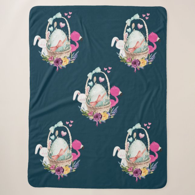Couverture Sherpa Oeuf mignon, Flamant rose rose et lapin, Aquarelle (Devant)