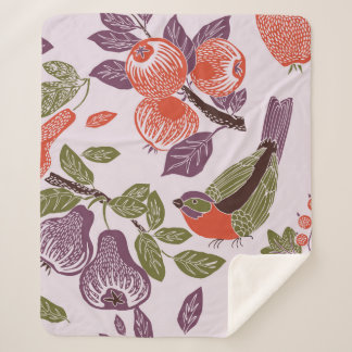 Couverture Sherpa oiseau dans un jardin de fruits. motif transparent