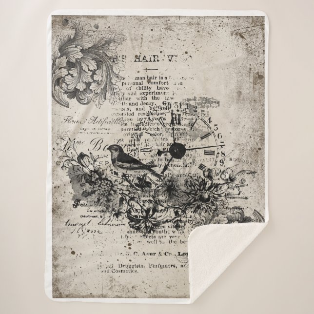 Couverture Sherpa Oiseau vintage et horloge (Devant)