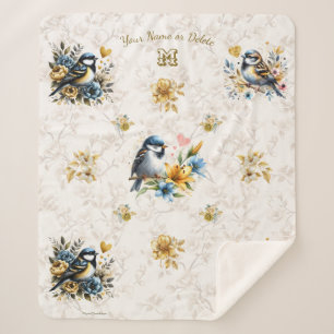 Couverture Sherpa Oiseaux bleus personnalisés et fleurs d'or