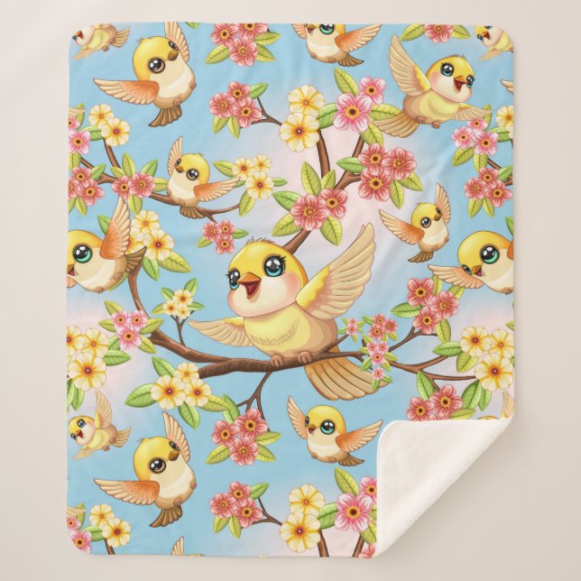 Couverture Sherpa Oiseaux mignons et heureux parmi les fleurs du pri (Devant)