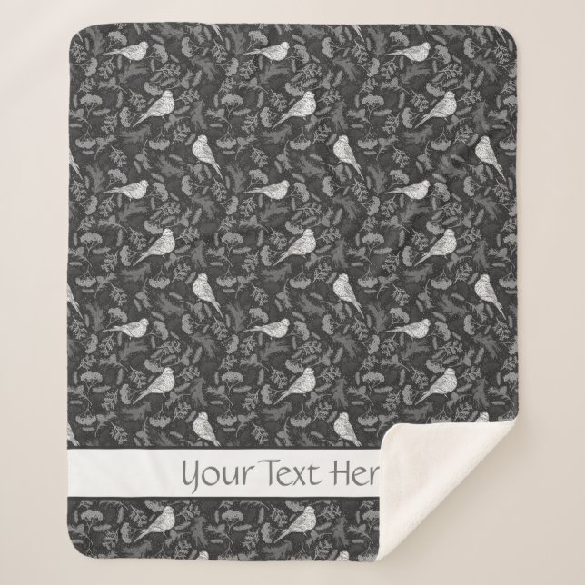 Couverture Sherpa Oiseaux noirs et blancs d'hiver brillants Motif fl (Devant)