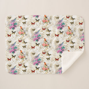Couverture Sherpa Oiseaux vintages, Fleurs, Papillons vieilles lettr