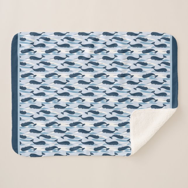 Couverture Sherpa Ondes Narwhal Allover Imprimer bleu (Devant (Horizontal))
