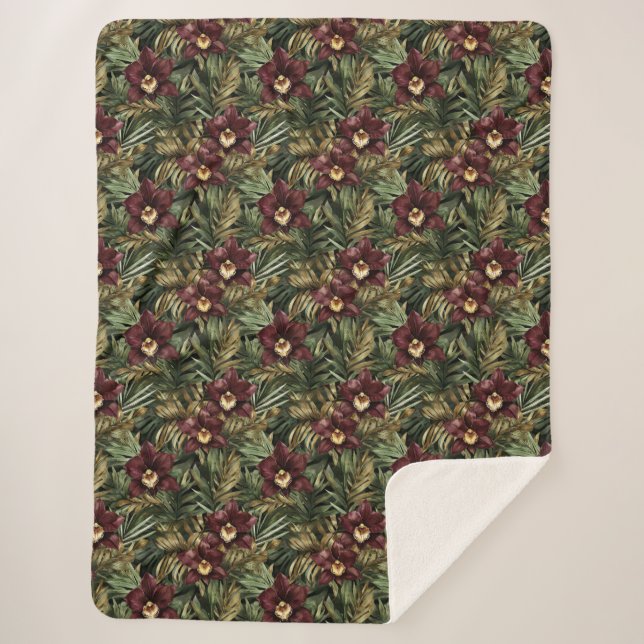 Couverture Sherpa Orchidée tropicale florale rouge Bourgogne (Devant)