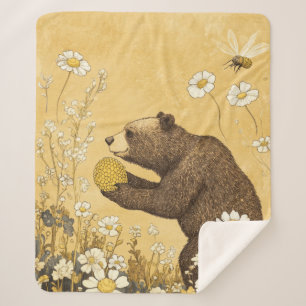 Couverture Sherpa Ours en peluche dans une prairie de fleurs sauvage