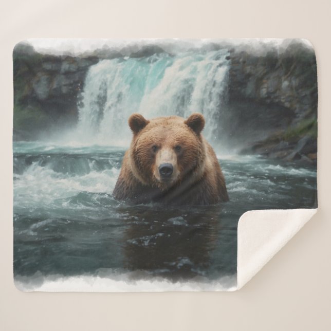 Couverture Sherpa Ours grizzli et chute d'eau Faune (Devant (Horizontal))