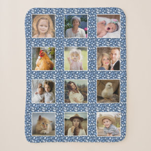 Couverture Sherpa Paisley Motif Blue Custom Family Photo Collage