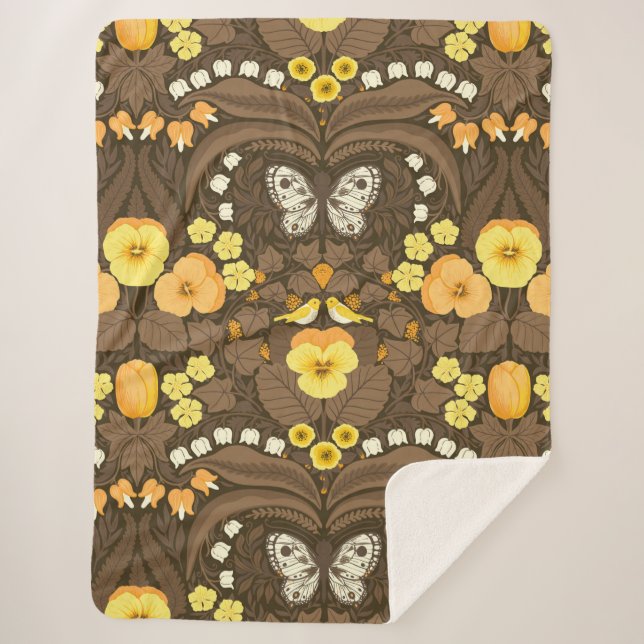 Couverture Sherpa Pansies jaunes, oiseaux et papillons (Devant)