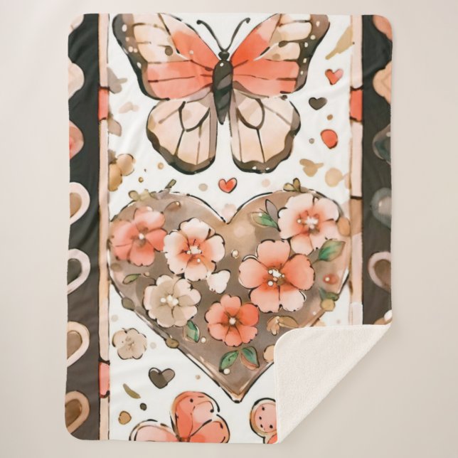 Couverture Sherpa Papillon aux tons chauds et impression florale (Devant)