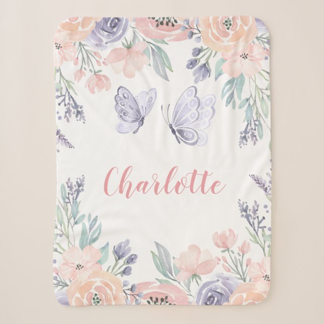Couverture Sherpa Papillon floral rose pourpre Personnalisé Fille (Devant)