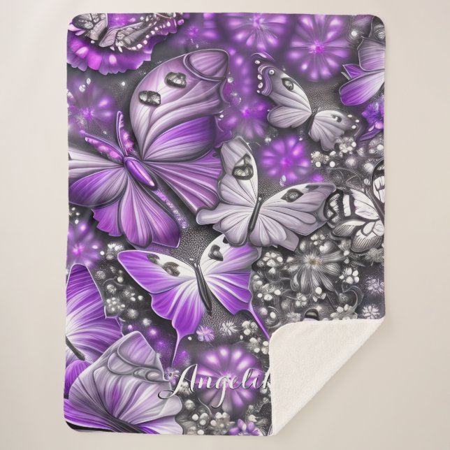 Couverture Sherpa Papillon floral violet et argenté Nom personnalisé (Devant)