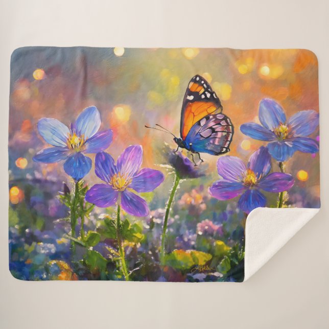 Couverture Sherpa Papillon minuscule sur les Fleurs sauvages au leve (Devant (Horizontal))