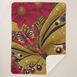 Couverture Sherpa Papillon rouge et or de luxe Nom personnalisé