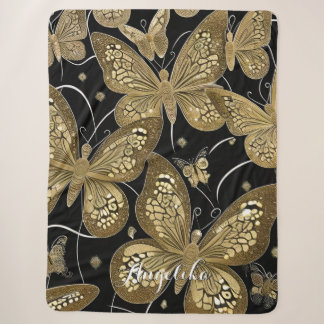 Couverture Sherpa Papillon tendance noir et or Nom personnalisé