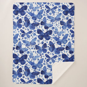 Couverture Sherpa Papillons Aquarelle Bleu