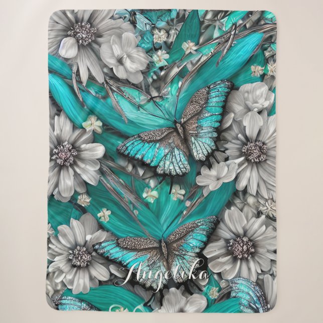 Couverture Sherpa Papillons Turquoises floraux en argent Nom personn (Devant)
