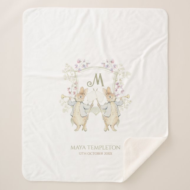 Couverture Sherpa Pastel Peter le lapin Monogram Baby shower Twins (Devant)