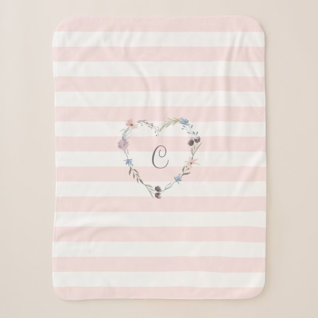 Couverture Sherpa Pastel Pink Stripes Floral Heart Monogramme (Devant)