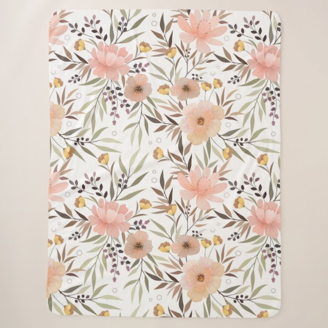 Couverture Sherpa Pastel Rose Peach Olive Brown | Feuilles floraux (Devant)