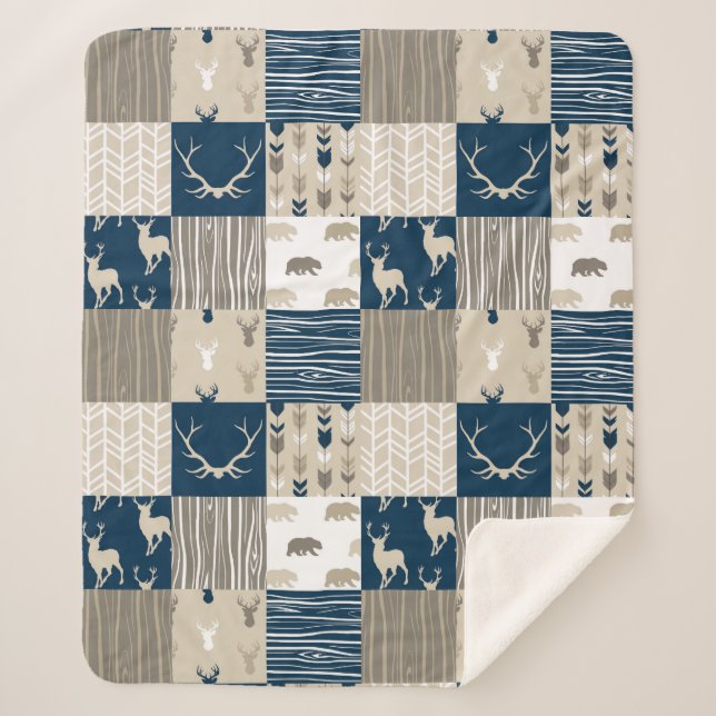 Couverture Sherpa Patchwork de bois Sherpa Blanche dans la Marine et (Devant)