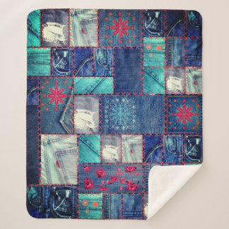 Couverture Sherpa Patchwork de Jeans bleus avec détails floraux