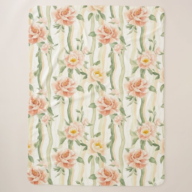 Couverture Sherpa Peach Mint Roses Floral Stripes Birthday (Devant)