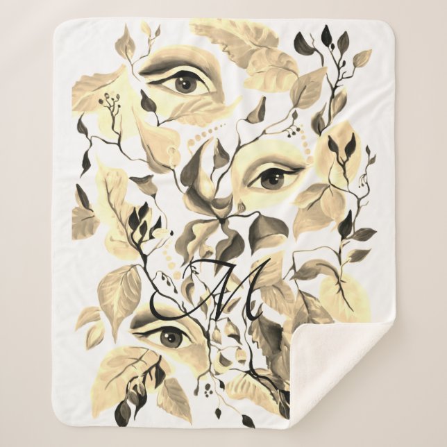 Couverture Sherpa Peint à la main Elegant Feminine Eyes Feuilles col (Devant)