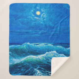 Couverture Sherpa  peinture à l'huile montrant les vagues de l'océan