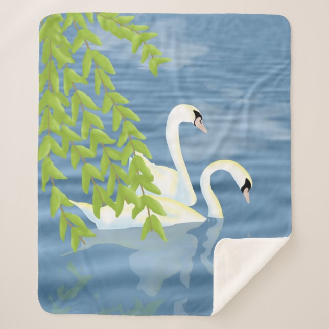 Couverture Sherpa Peinture Couple bleu et vert de cygnes sur le lac (Devant)